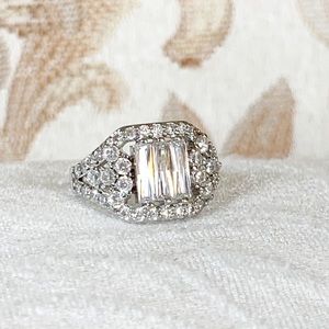 White Sapphire Emerald Cut Ring with Accents